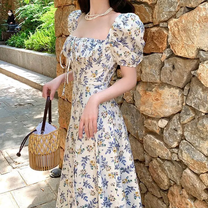 

Vintage Broken Flowers Dresses Women's Clothing French Style Puff Sleeve Summer Square Collar Fashion Drawstring Long Dress New
