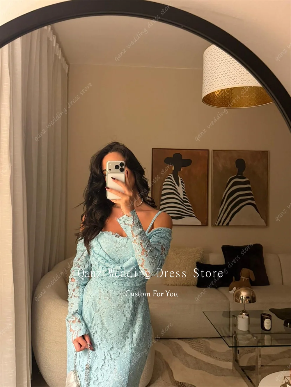 Qanz eleganti abiti da sera in pizzo senza spalline maniche lunghe Dubai Robes De Soirée abiti da cerimonia a sirena donna personalizzata