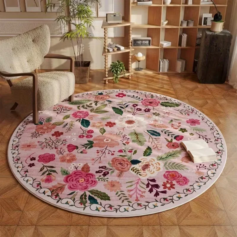 Rosa Vintage Blumen-Rundteppich Bodenmatte Wohnzimmer Sofa Bodenmatte Couchtisch Innendekoration Kreisteppich