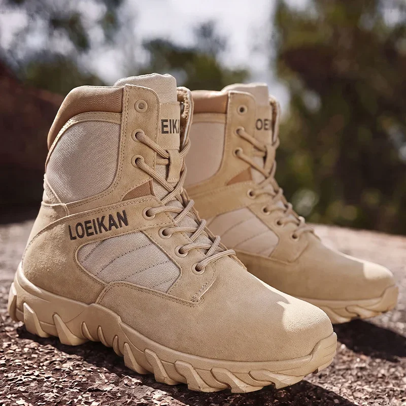 Men's Tactical Combat Boots Suede & Mesh Upper Lace‑up Anti‑slip Thick Sole Male High‑top Boots For Hiking Outdoor Activities