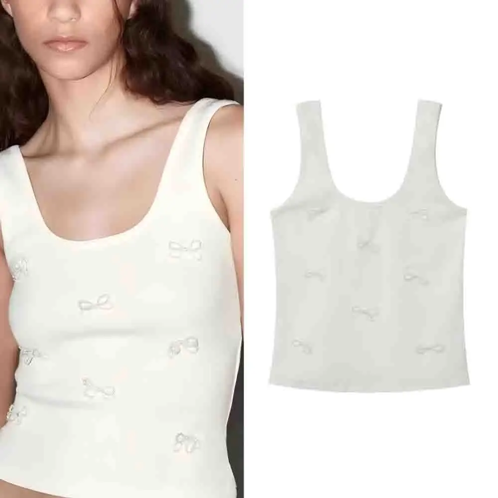 

Women's summer fashion pearl bow decoration elastic slim T-shirt vest retro sleeveless women's vest chic top