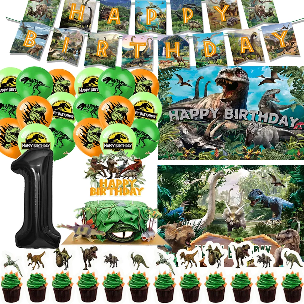 

Cartoon Dinosaur Theme Kids Birthday Party Supplies Decoration Jurassic Balloon Backdrops Cake Topper Banner for Boy Child Gifts