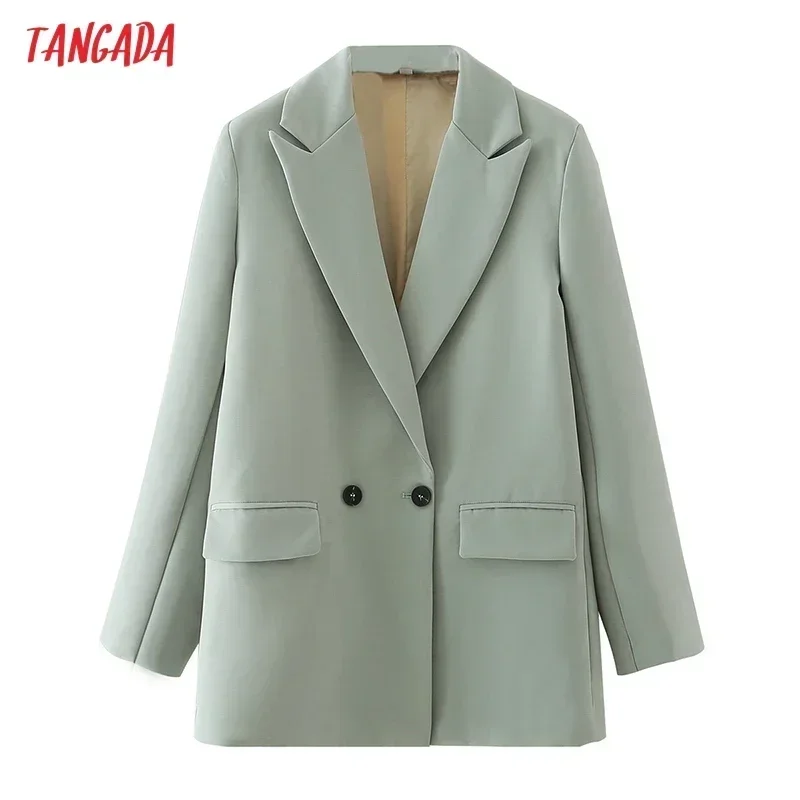 Tangada Women Khaki Blazer Coat Vintage Notched Collar Pocket 2023 Fashion Female Casual Chic Tops DA02