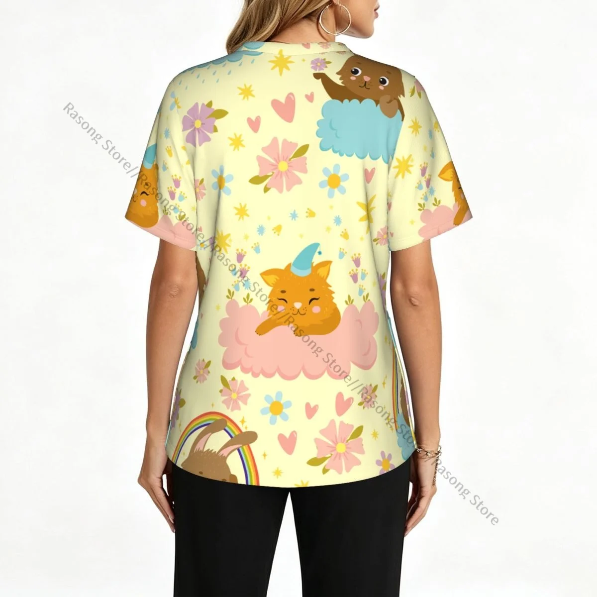 Cats Cloud Magic Sky Sunset Rainbow Scrubs Medical Uniforms Women V Neck Short Sleeve Tunic Scrubs Tops Nursing Surgical Uniform