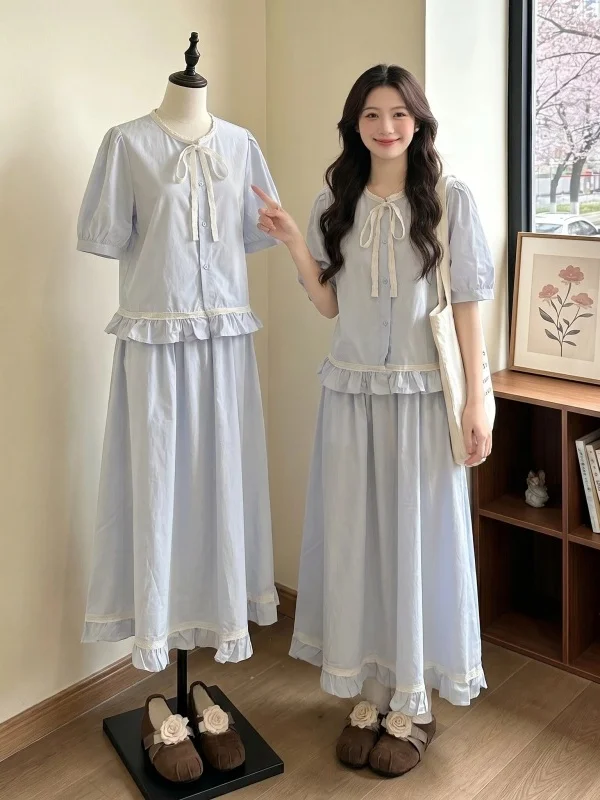 

Summer Fashion Large Size Women's Light Blue Doll Shirt And Skirt Set Casual Commute Style Loose Fit Two Piece Ensemble