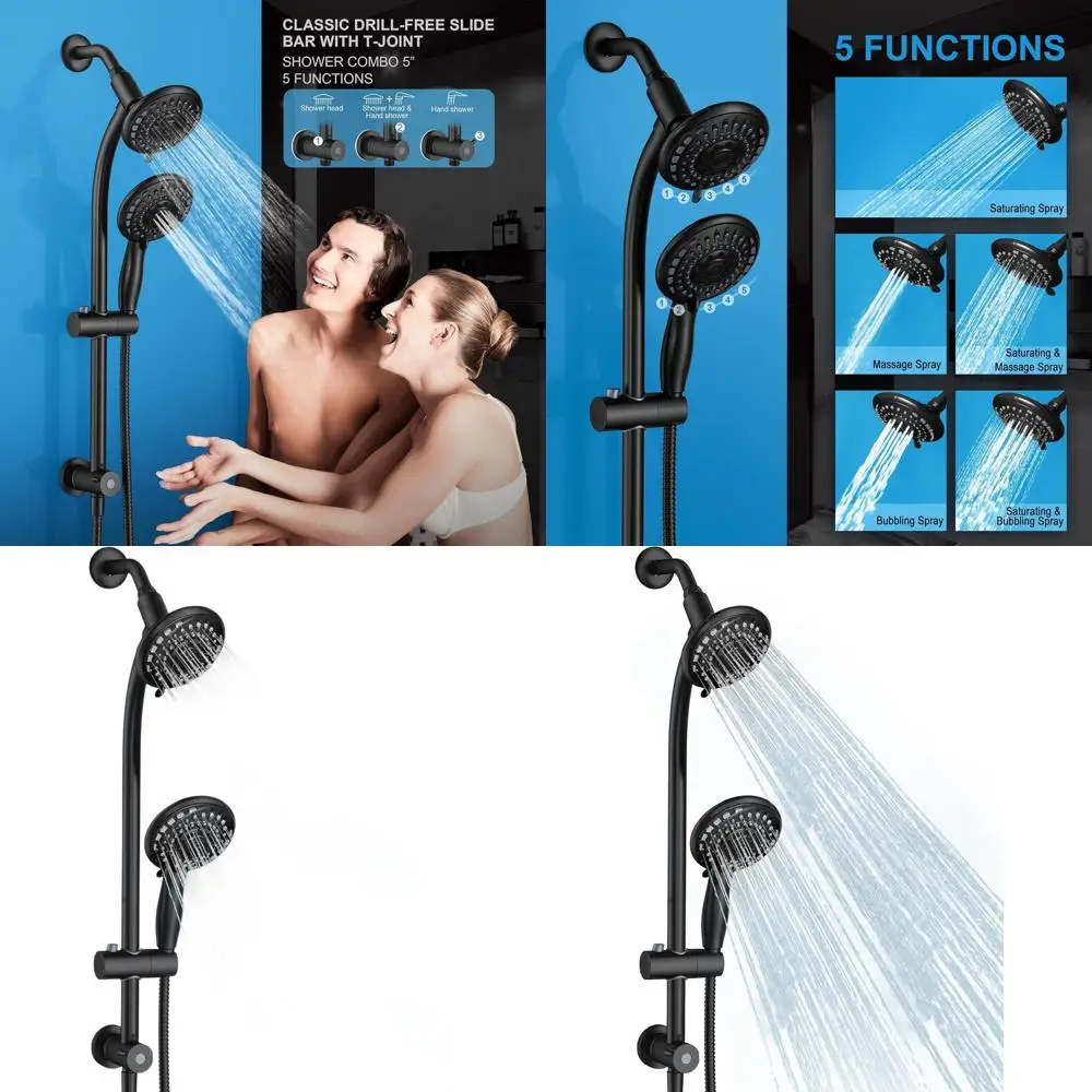 

Чёрный душевой комплект из нержавеющей стали 27,5 дюймов без сверления: 5 режимов, 5 режимов ручного и тропического душа с шлангом 1,5 м