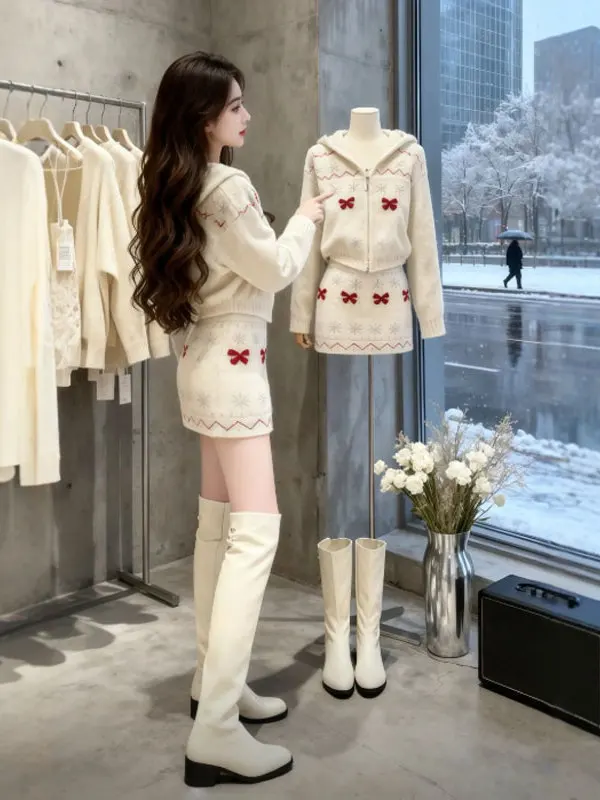 

Модный вязаный комплект из топа и юбки, зимний удобный комплект со средней посадкой на талии, облегающий корейский женский ансамбль, Ages-Defng Ootd