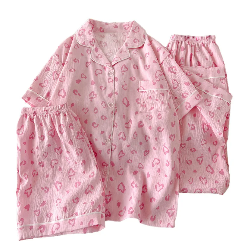 Милый Instagram-стиль с леопардовым принтом, модные женские летние пижамы с короткими рукавами в корейском стиле, комплект из трех предметов с облаком