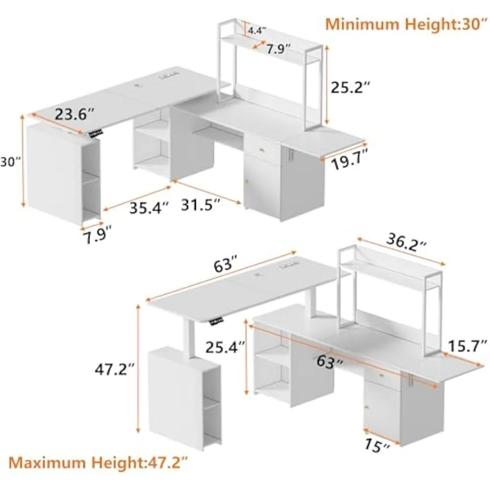 63'' L Shaped Electric Standing Desk, Height Adjustable Stand up Desk, USB Charge Ports, LED Display, Home Office Modern