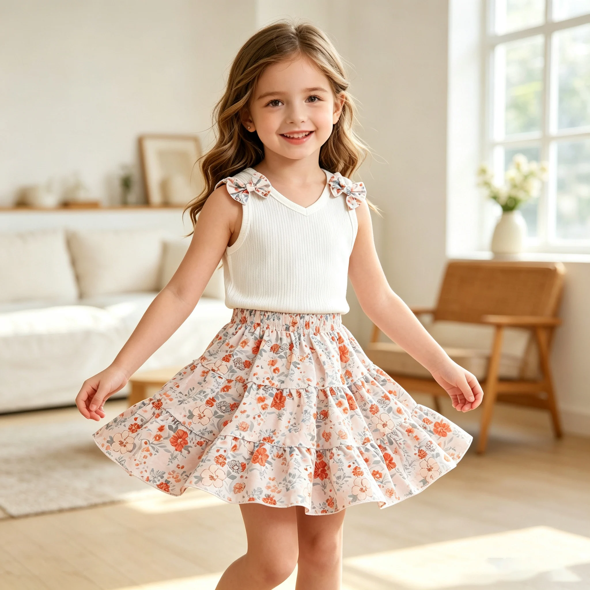 2Pcs Summer Girls' Set Bow Vest Top+Small Floral Half Skirt Set 4-7 Year Old Girls' Vacation Leisure Set Children's Clothing