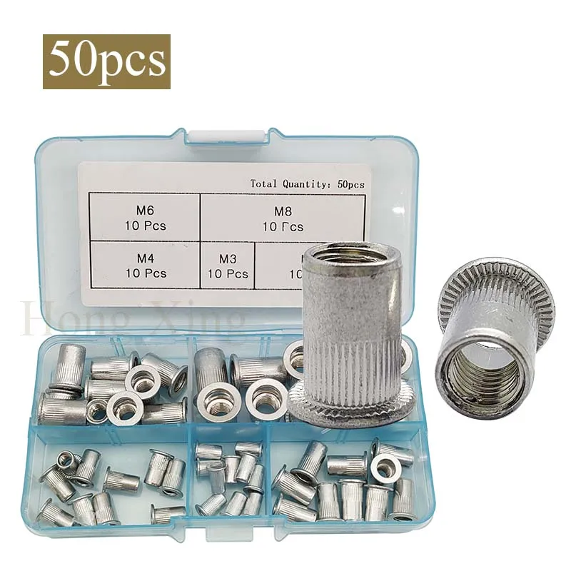 50Pcs/Box M3 M4 M5 M6 M8 Aluminum Alloy Rivnut Flat Head Threaded Rivet Insert Nutsert Cap Rivet Nut Assortment Kit