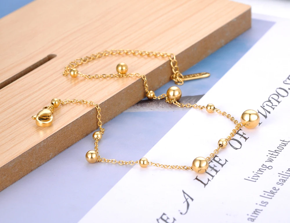 Lokaer 18K Gold Plated Stainless Steel Round Ball Charm Anklets For Women Trendy Bohemia Beach Party Chain Anklet Jewelry A21030