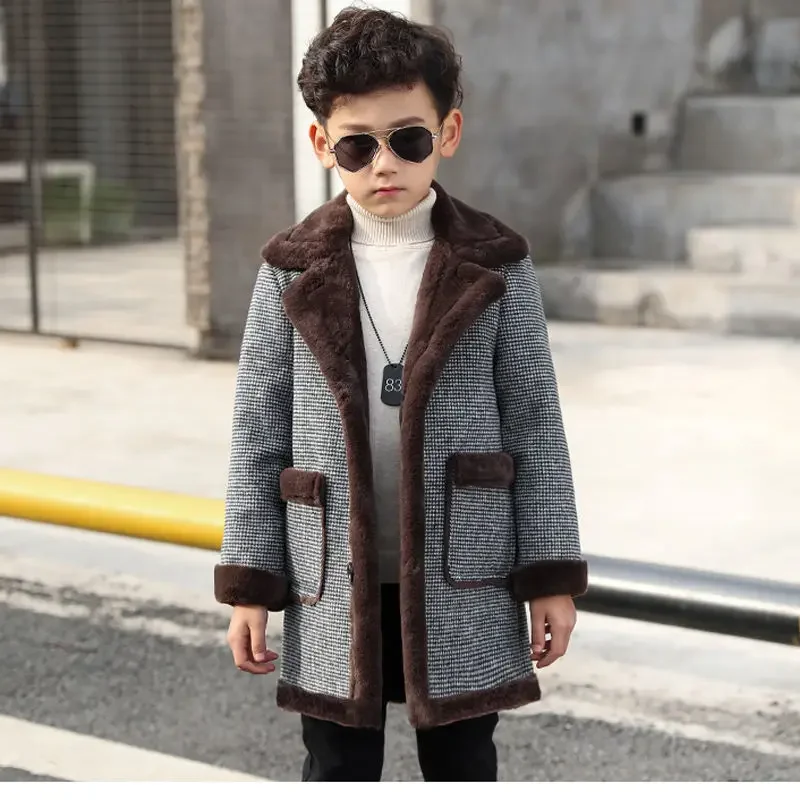 2024 Children Casual Woolen Coat Fall Winter Boys Handsome Plush Velvet Heavy Outerwear Clothes Kids Splicing Pocket Trench Coat