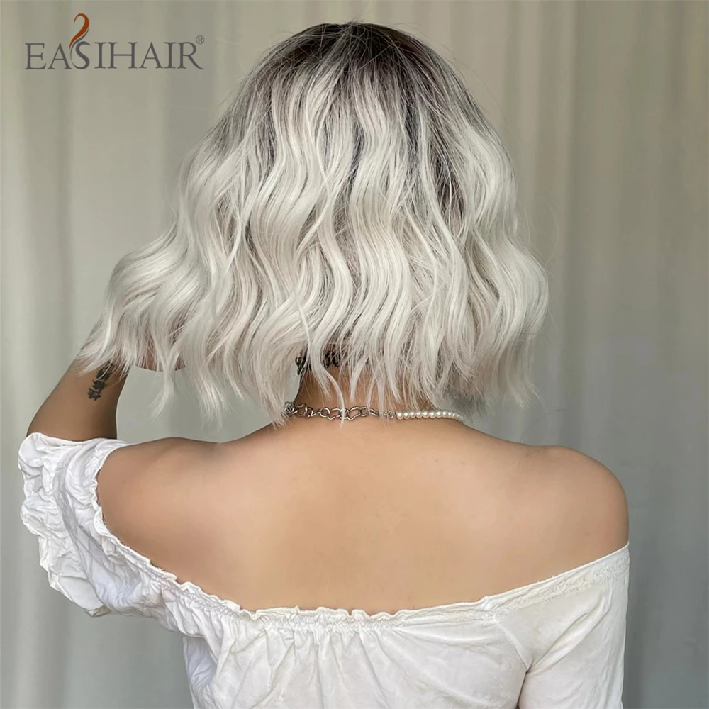 EASIHAIR-Peluca de cabello sintético para mujer, cabellera con flequillo, Rubio degradado, corto, ondulado, Lolita, platino claro, resistente al calor