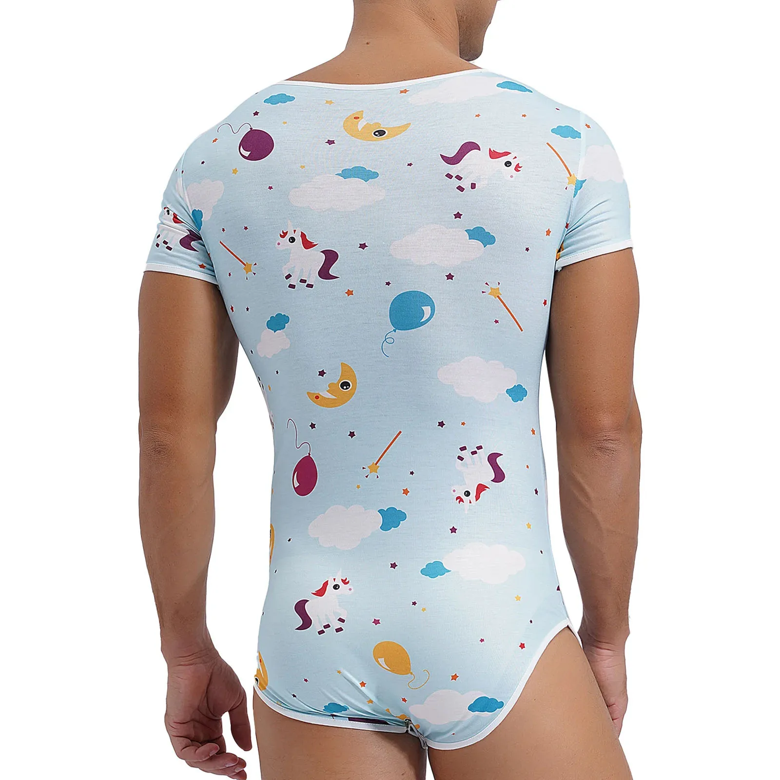 Mens Cute Cartoon Print Bodysuit Gay Male Sissy Onesies Pyjama Underwear Short Sleeve Buttoned Crotch Diaper Rompers Sleepwear