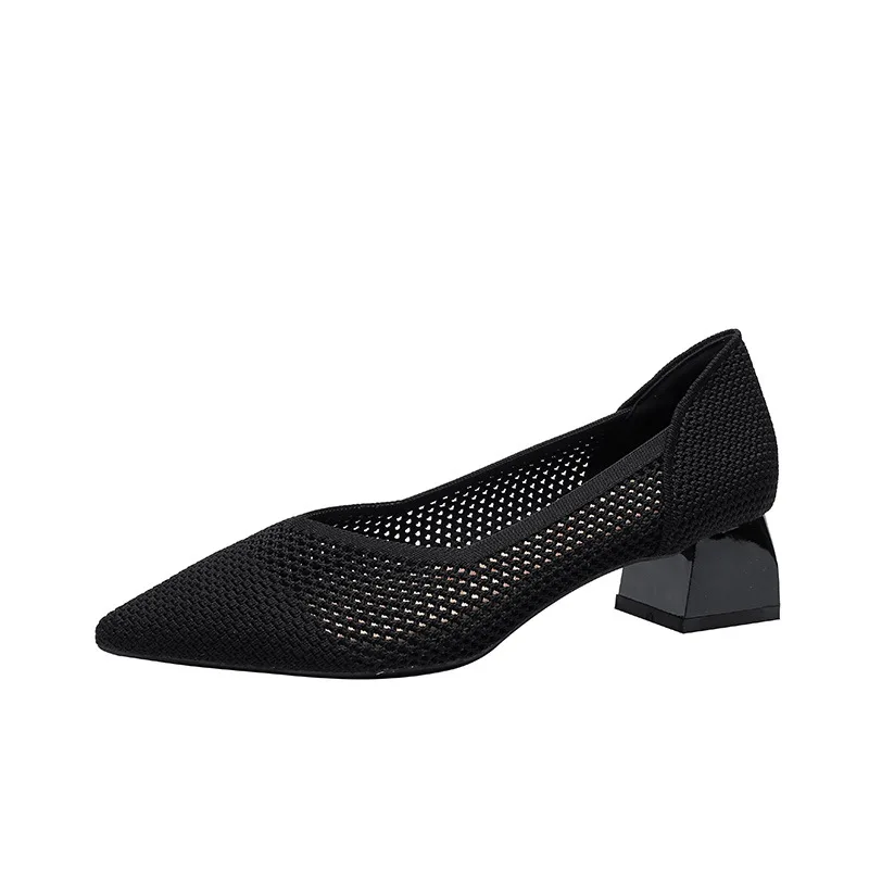 

Lady Block Square Med Heels 4cm Pumps Pointy Toe Shoes Knitting Breathable Slip-On For OL Orange Leopard Low Cutter Fabric 34-40