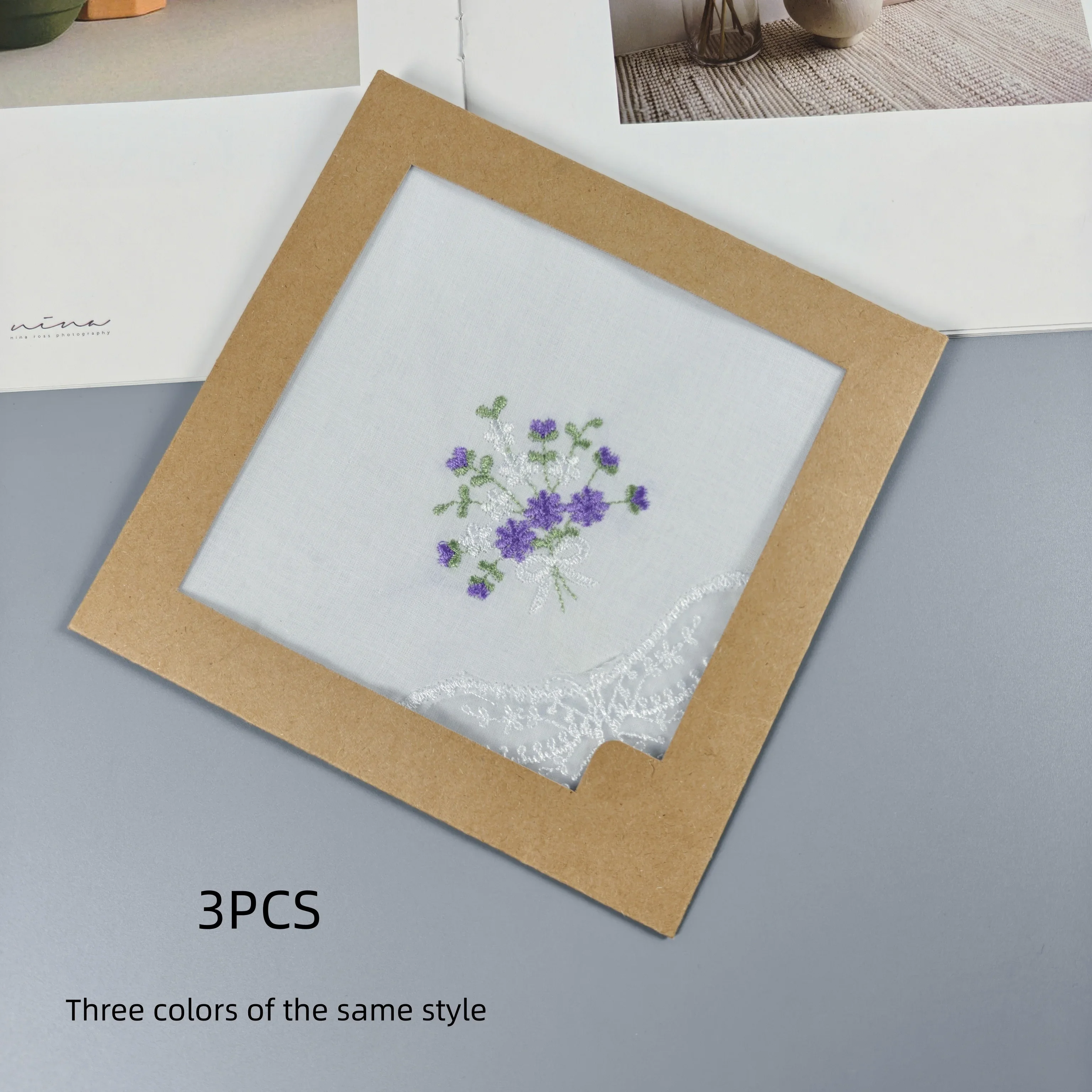 3 PCS Thin Pure White Cotton Embroidered Lace Handkerchiefs Gift Box, 28cm/11in, for Wedding & Home Decor