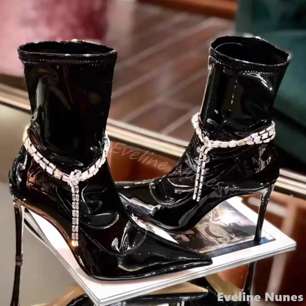 

Rhinestone Chain Mid Calf Boots Women Black Patent Leather Pointed Toe Stiletto Heel Side Zipper Boots 2024 Fashion Sexy Boots