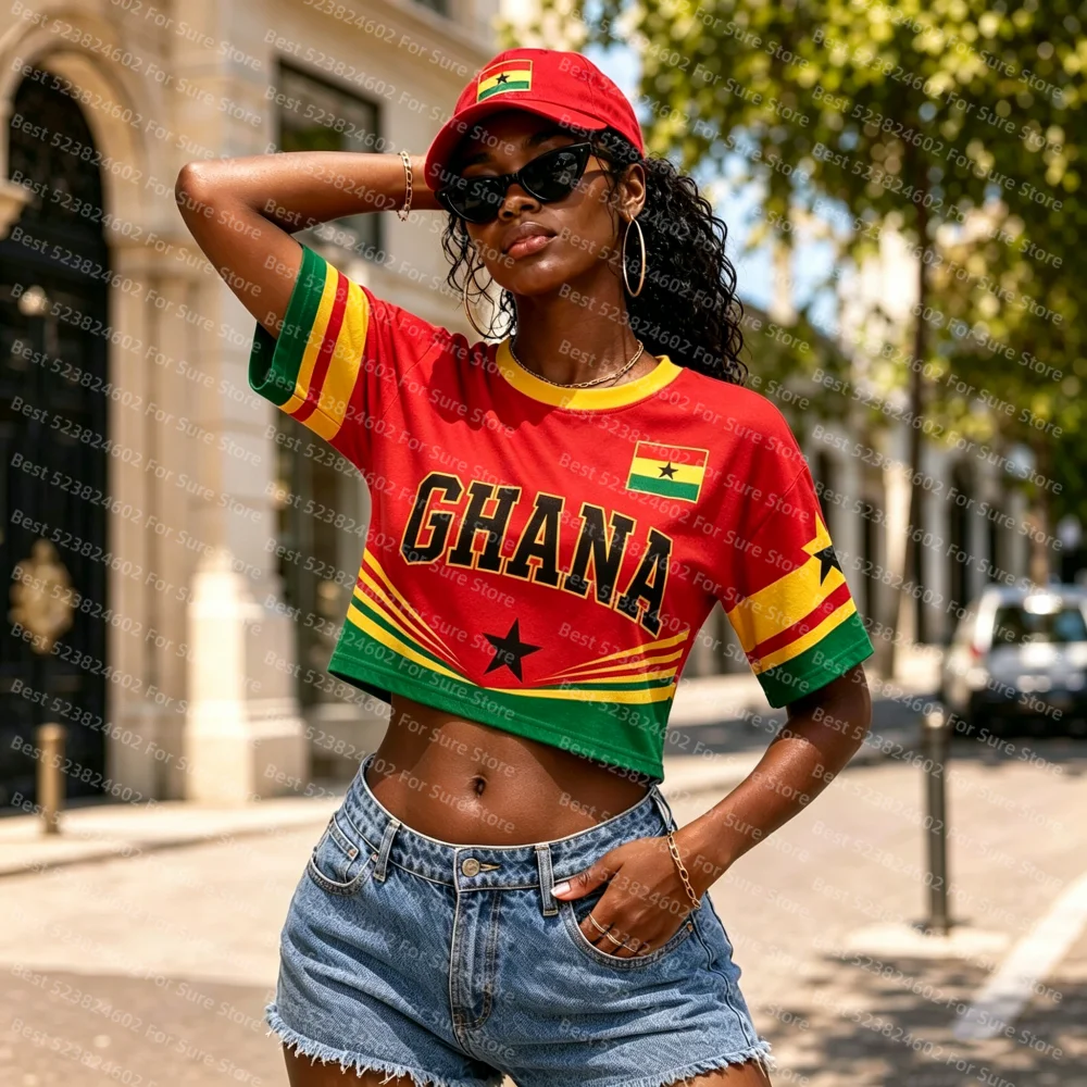 2026 Ghana Flag Black Star Cropped T Shirt Women Retro Soccer Short Sleeve African Street Fashion Slim Crop Top For Daily Wear