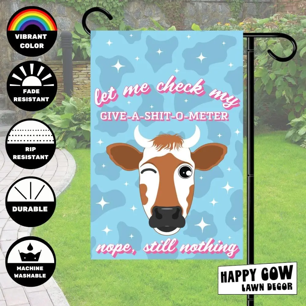 Give A Shit Meter Cow Double-Sided Garden Flag 12x18 Fall Yard Decor, Outdoor Garden Welcome Flag for Lawn, Farm and Patio Banne