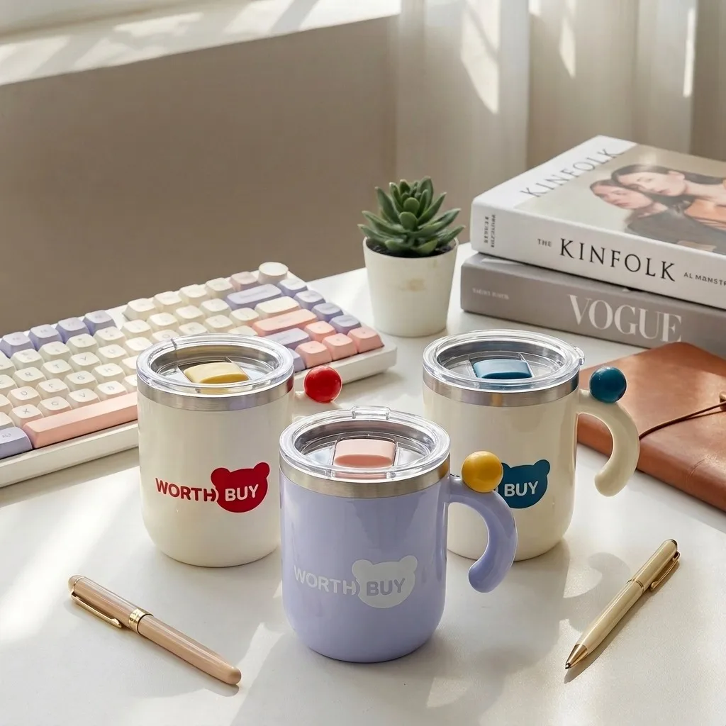 430ml Cute Thermal Coffee Mug with Handle 316 Stainless Steel Insulated Travel Tumbler Leakproof Double Drink Lid Kawaii Cup