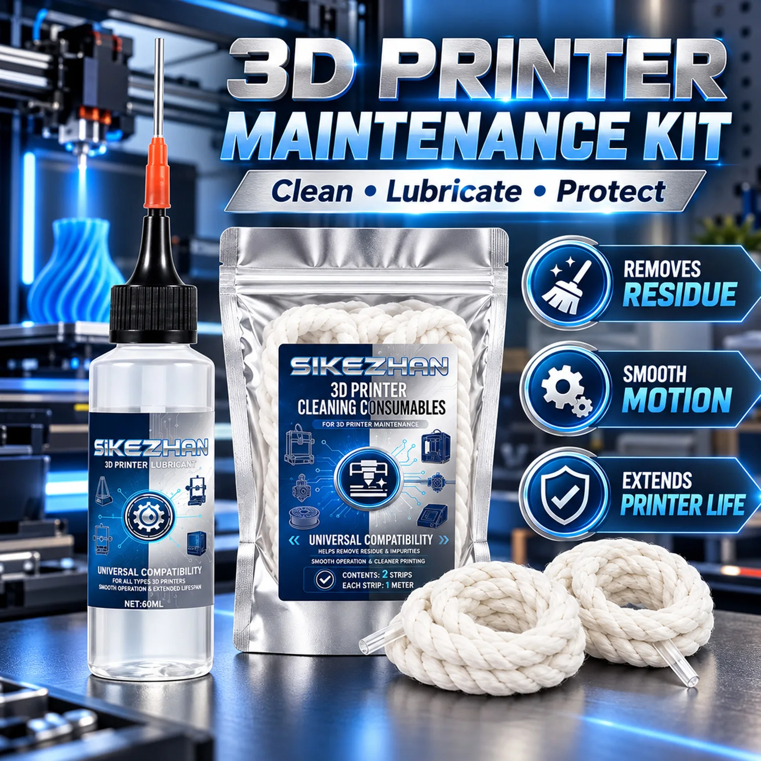 SIKEZHAN 3D Printer Maintenance Oil & Braided Cleaning Rope Set, Smooth Lubrication & Residue Removal for Rails Screws Nozzles