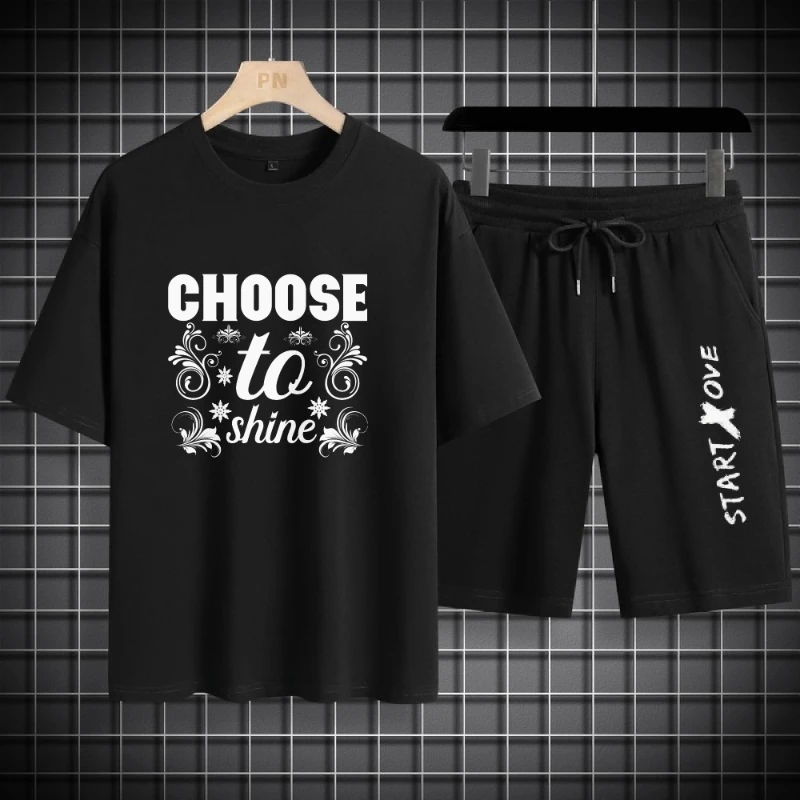 

Summer Men's Set Trendy Korean Casual T-Shirt Clothing + High-Quality Polyester Letter Printing Men's Sports T-Shirt Fitness Set