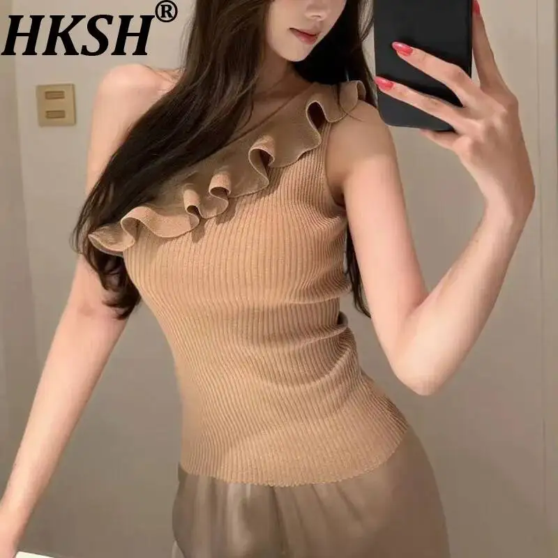 

HKSH Women Chic Vest Asymmetric Off-shoulder Sleeveless Ruffled Patchwork Knitted Slim Fit Elegant Trend Tank Top Summer HK23641