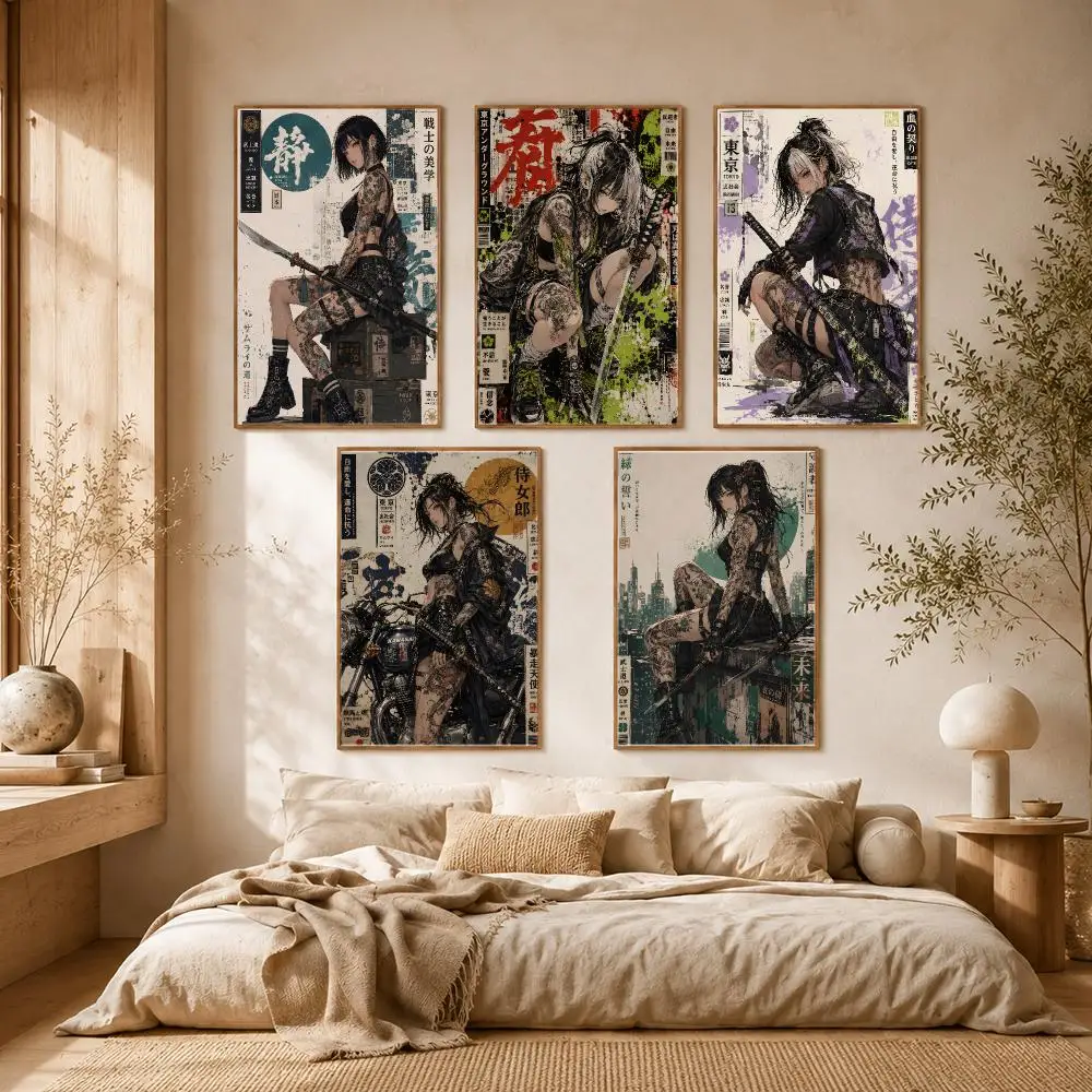 Cyber Samurai Girl Collage Anime Poster Self-adhesive Advanced Aesthetic Printing Paper Wall Art for Living Room Home Decor