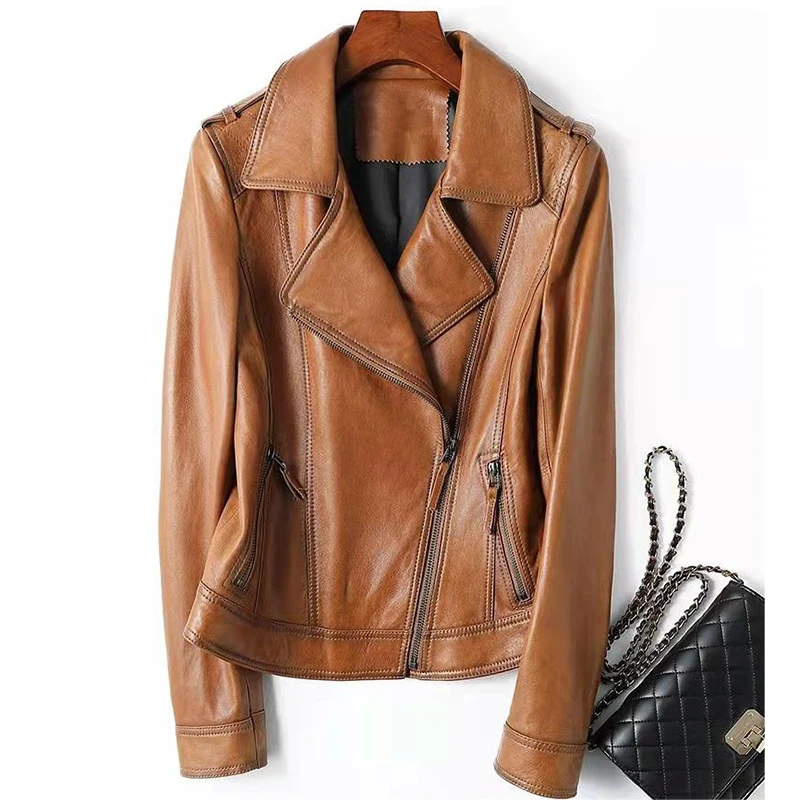 Genuine Leather Coat Autumn Women's Clothing  Lapel Short Slim Handsome Motorcycle Zipper High Quality Sheepskin Female Jacket