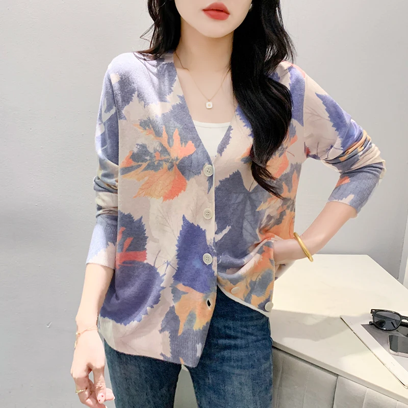 MadBlack-Women ヨーロッパの服 セーター、セクシーな V ネック プリント、作業服長袖ルーズ カーディガン ニットウェア、2025 冬 C5D236CC