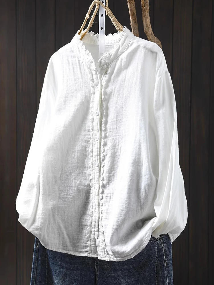 

100% хлопок, белая рубашка с длинным рукавом, женское новое поступление, весна 2025 года, винтажный стиль, воротник-стойка, кружевные базовые топы, рубашки M384