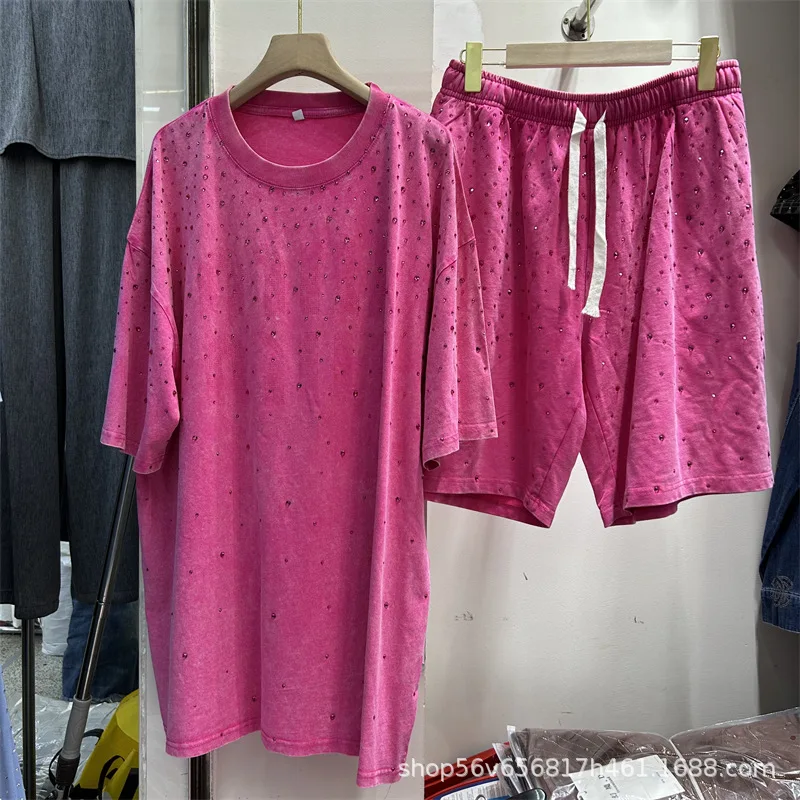 الصيف النساء كامل النجوم الماس مطرز تي شيرت الساخن الحفر تيز الراين القمم مرونة الخصر واسعة الساقين السراويل 2 قطعة مجموعة