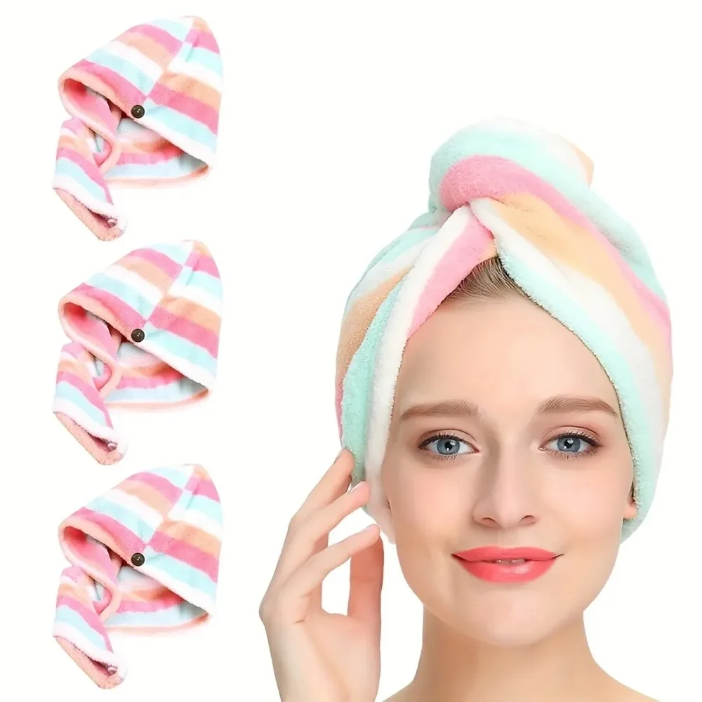 Gorro de toalla para el cabello ultraabsorbente de secado rápido para mujer, turbante de microfibra a rayas coloridas, ducha, baño, gimnasio, 25x65cm, ligero y suave