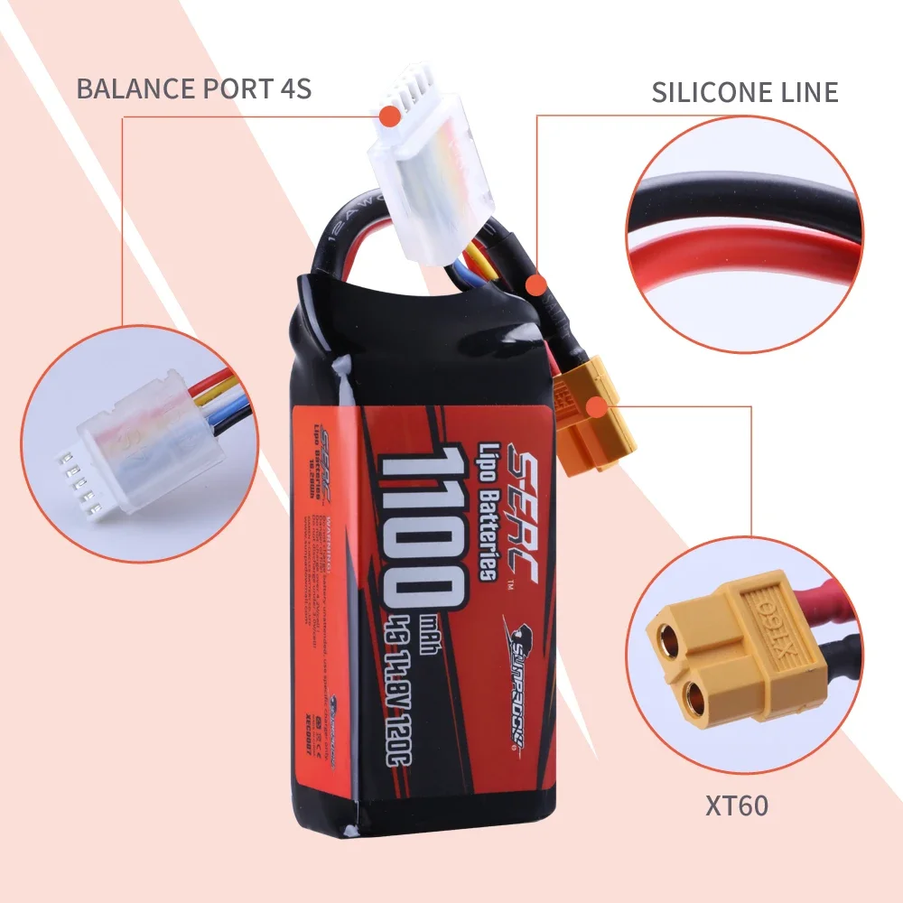 SUNPADOW 4S 14.8V Lipo Battery 1100mAh 1300mAh 1500mAh 120C with XT60 Plug for RC FPV Helicopter Airplane Drone Quadcopter Hobby