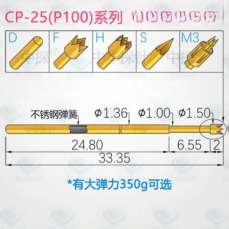 オリジナル-100-個プローブ-cp-25-プローブ-100mil-テストピンハードシャフト材質耐摩耗性と耐久性-ict-fc