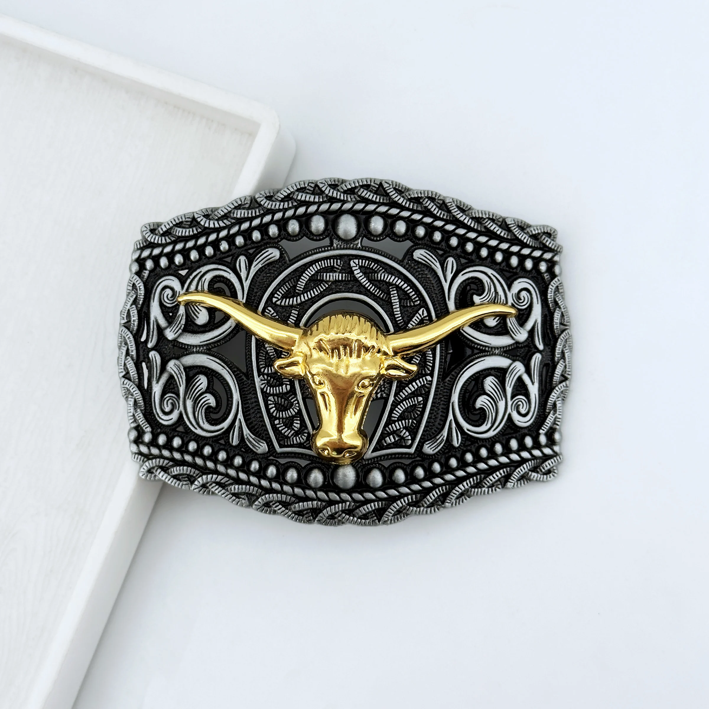 Placa Base de remache de aleación de Zinc con patrón de cabeza de toro dorado, hebilla de cinturón de cuero de vaca personalizada, estilo occidental, 1 ud.