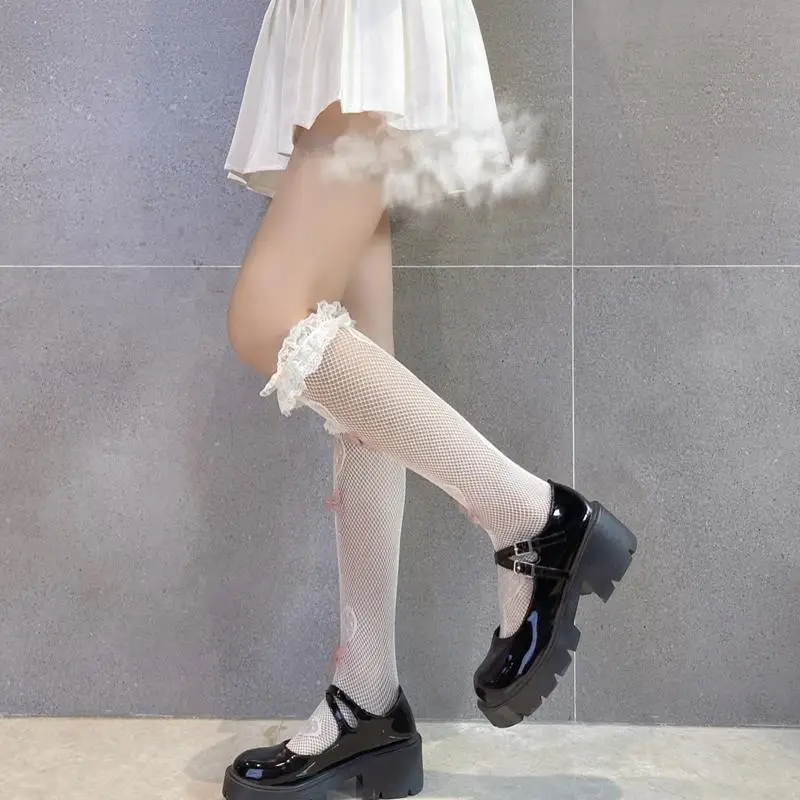 195E النساء لوليتا شبكة صيد السمك فوق جوارب الركبة القلب مصاصة الجاكار جوارب Bowknot