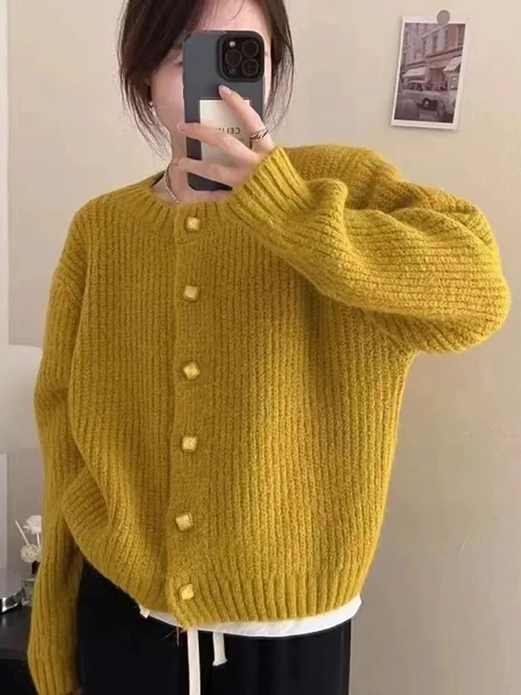 Zoki Women Korean Soft Cardigan Sweaters Casual Loose Long Sleeve Knitted Tops Sweet O Neck Single Breasted Female Yellow Coats