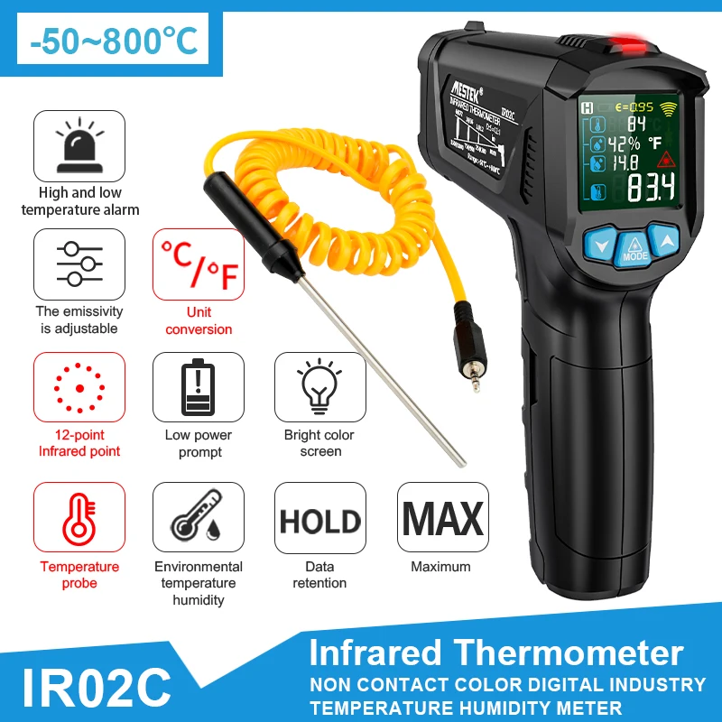 Digital Infrared Thermometer Pyrometer Double Laser High Temperature Meter Gun Kitchen Food Thermometers Outdoor Heat Meter