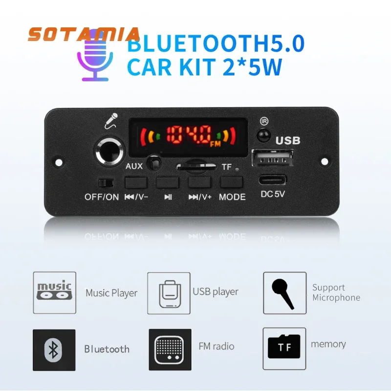 SOTAMIA Bluetooth MP3 Decoding Board 5Wx2 Power Amplifier Audio Mini Amp Supports Microphone Radio U Disk TF Card AUX Player