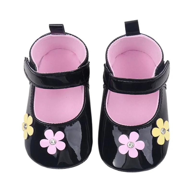 Cathery Baby Girls Flowers Patchwork Flats Non-slip Soft Soles Cute PU Mary Jane Shoes Casual Walking Shoes for Newborn Toddler