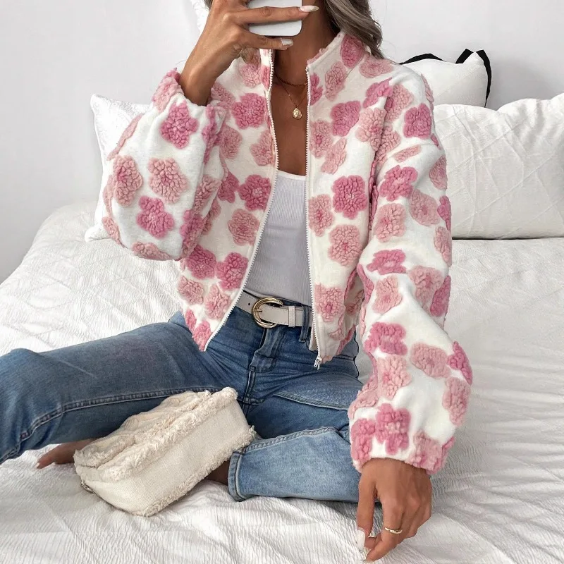New in Casual Commuter Suede Short Jacket Autumn And Winter Fashion Zipper Cardigan Jacket Pink Elegant Loose Women's Clothing