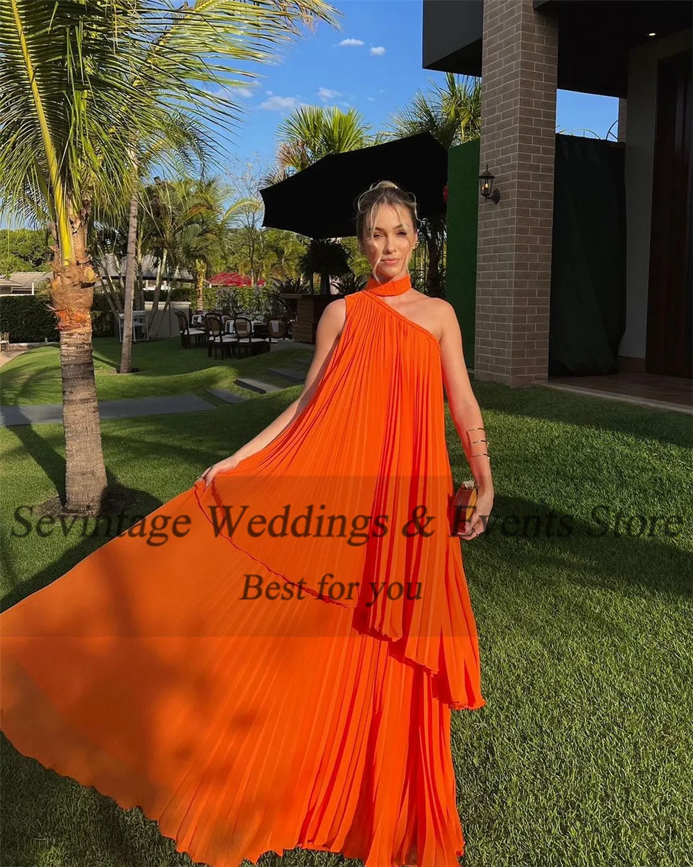 Customized Modest Orange Chiffon Evening Dresses Halter Tiered Pleated Sleeveless Prom Dress Floor Length Vestidos De Gala 2023