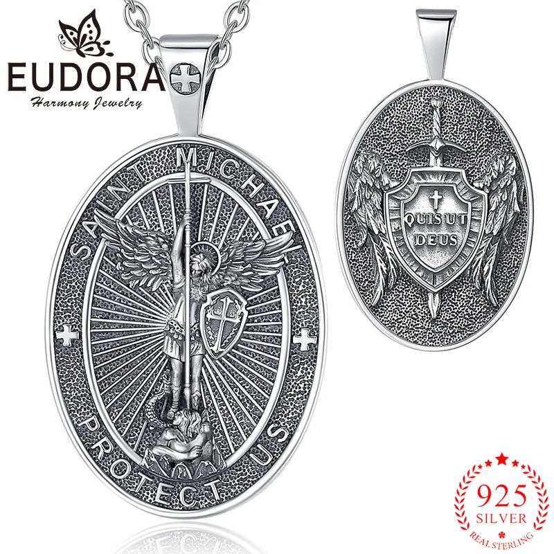 

Eudora 925 Sterling Silver St.Michael Archangel Necklace Vintage Shield Pendant Religious Jewelry Personality Gift for Men Women