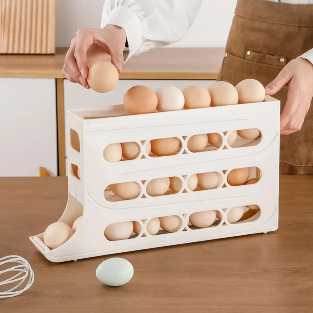 Egg Carton with Railing 4 layer Rolling Egg Rack Capacity Fridge Egg Storage Box with Automatic for 30 for Diner