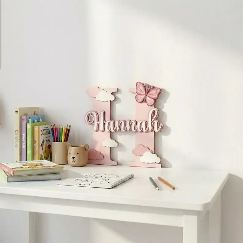 1pc Personalized Wooden Initial Letter Name Sign - Pink Butterfly Cloud Design, Custom Nursery Wall Decor for Baby Girl, Kids