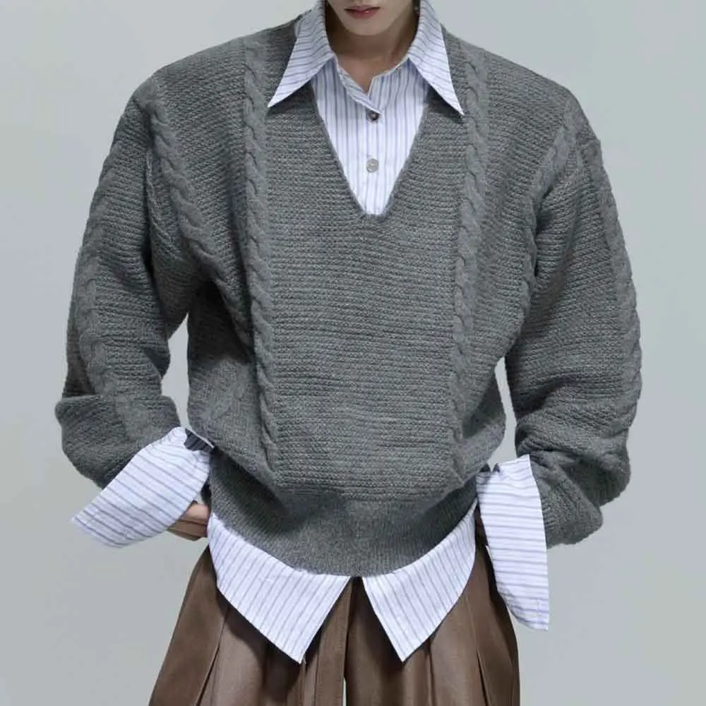 

Зима 2024, новый мужской искусственный двухсекционный свитер с длинными рукавами, американский ретро-модный модный свободный нишевый повседневный мужской топ