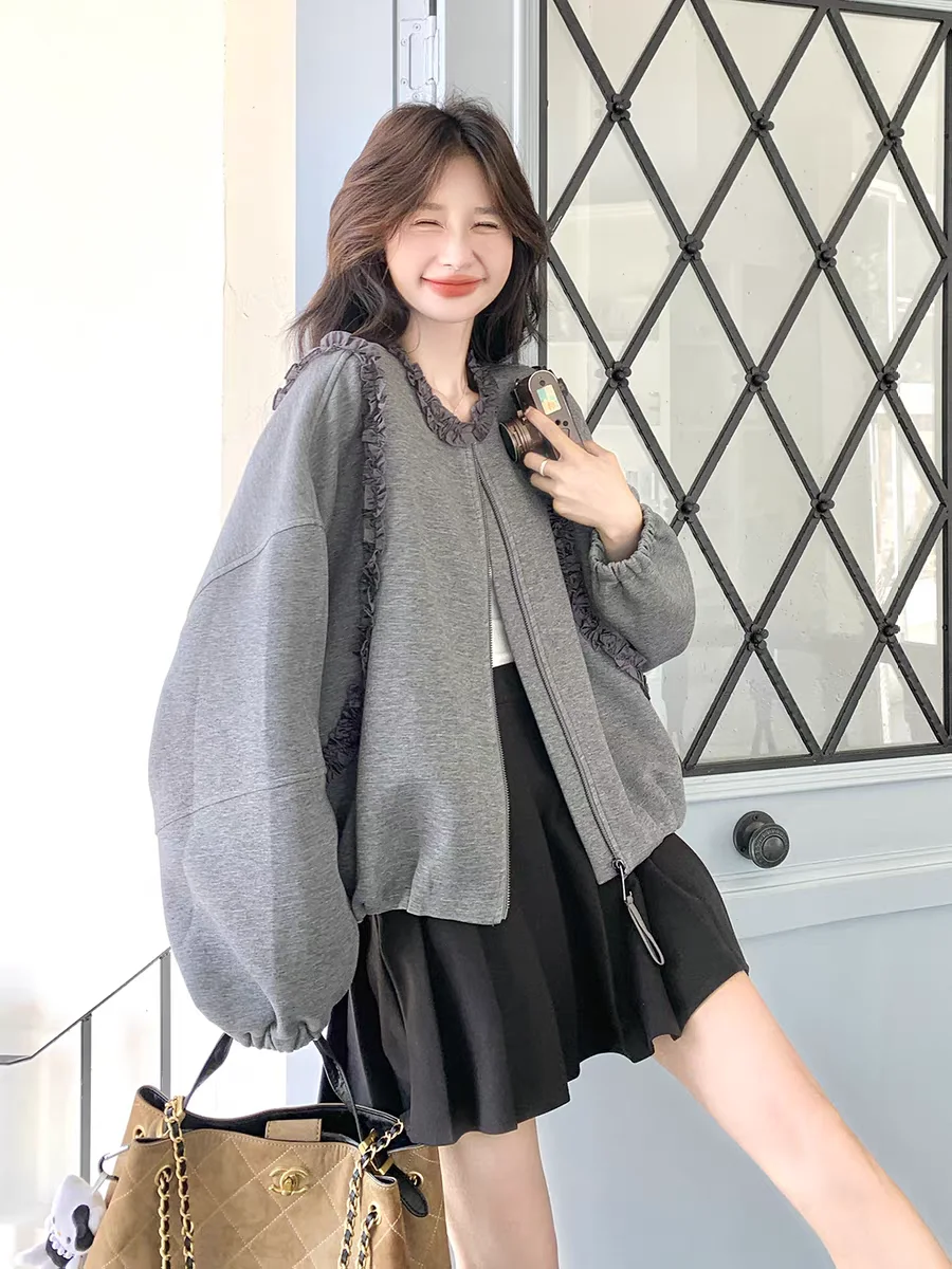 

Gray Hoodie Cardigan Women's Spring Autumn New Popular Match All Styles Small Size Outerwear Wood Cute Casual Style