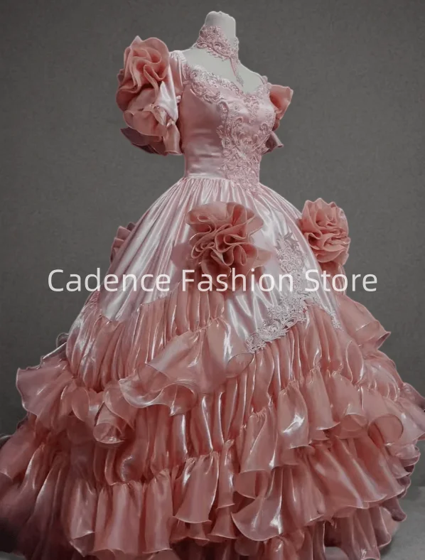 Розовые атласные винтажные антикварные викторианские платья трапециевидной формы с короткими рукавами по индивидуальному заказу, свадебные платья, свадебные платья с рюшами